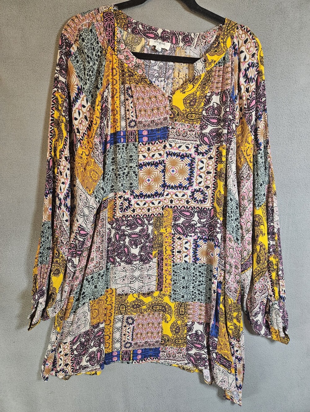 Umgee Womens Large Patchwork Tunic Mini Dress Long Ballon Sleeve Boho Buttons
